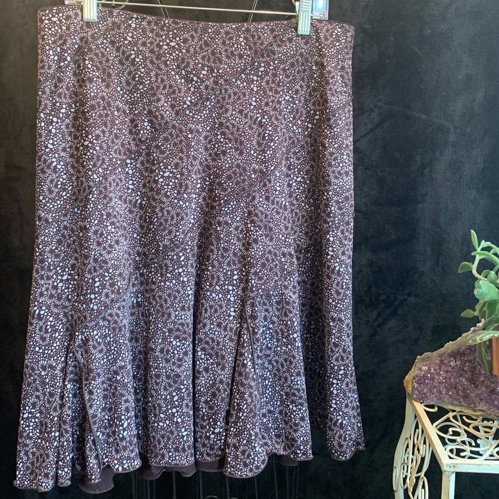 Max Studio A-Line Skirt Full Retro Brown & White Microprint Pattern Flouncy Hem